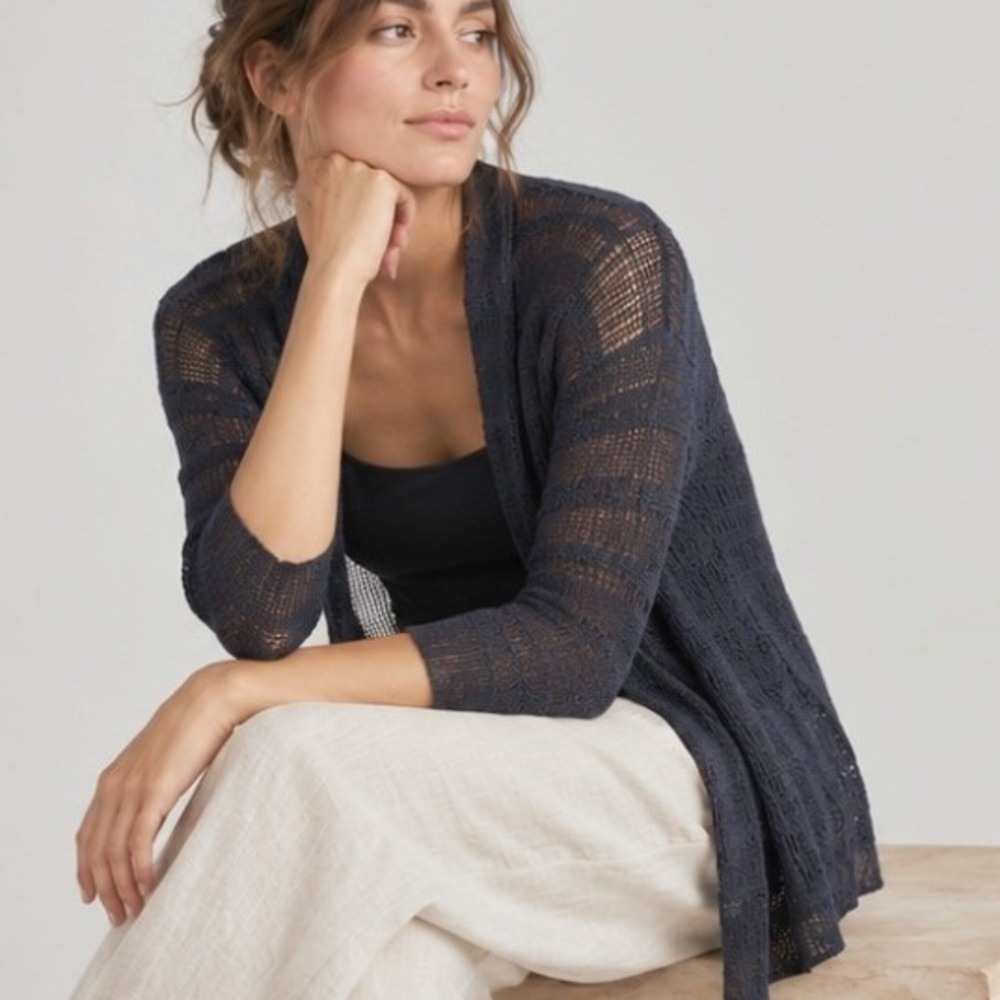 Eileen Fisher Cardigan Organic Linen Large Black Sheer Lagenlook Quiet Luxury